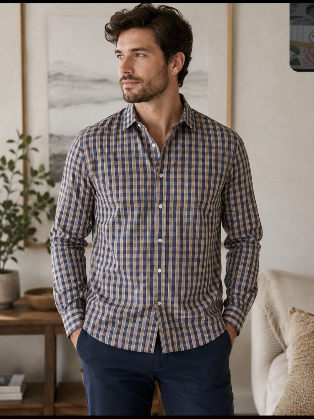 H&M Checked Button-Down Shirt in Navy and Tan Large